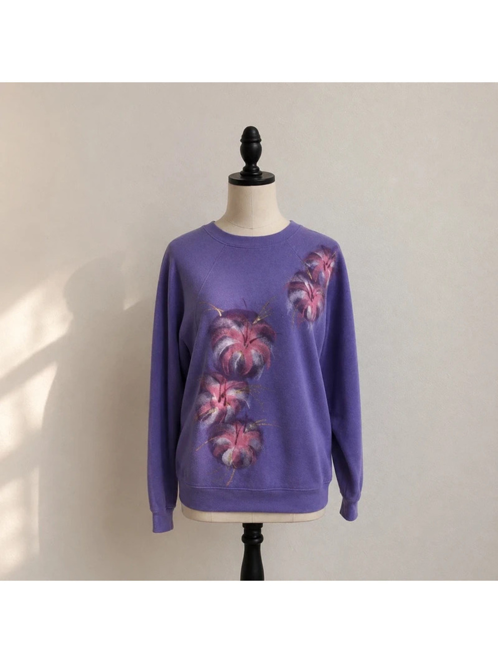 Vintage Purple Floral Hand Painted Sweatshirt Crewneck Fits Medium 80s 90s
